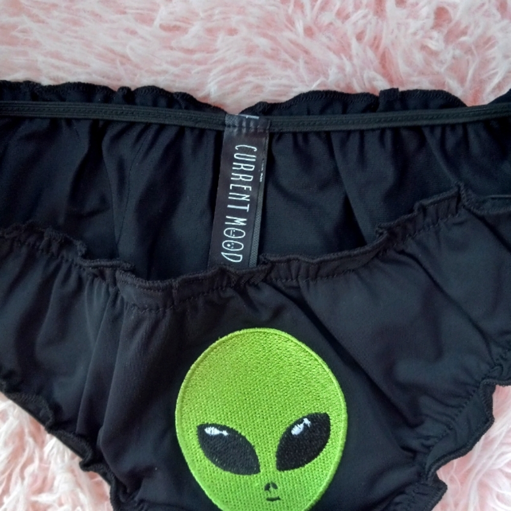 FINAL PRICE Dolls Kill Silky cheeky alien embroidered black ruffle edged panty! - Picture 4 of 9